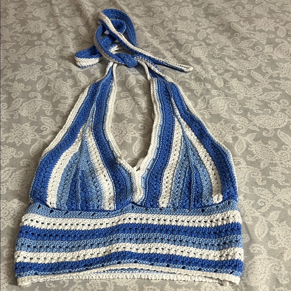 Blue and White Crochet Halter Top